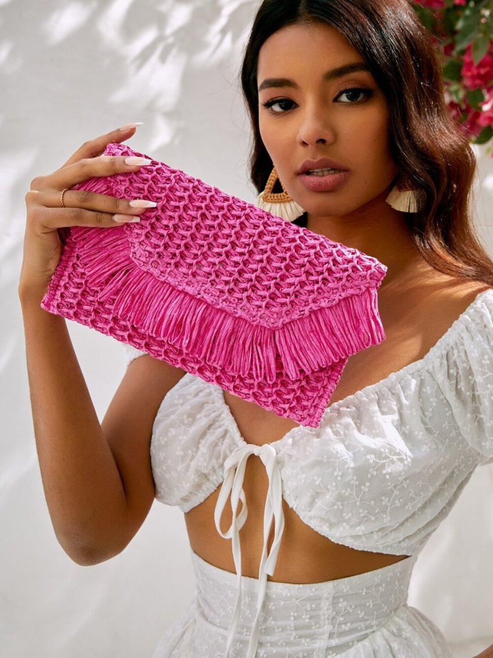 Hot Pink Straw Woven Women's Vacation Bag with Fringe Flap - Picture 3 of 5